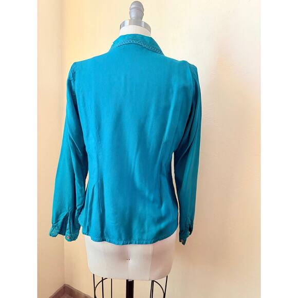80s VTG Star of India Teal Women's Blouse Peter Pan Collar Boho Cotton Size S - Picture 6 of 6